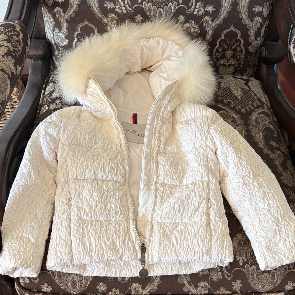 Moncler Kids Ivory Puffer Jacket with Fur Trim